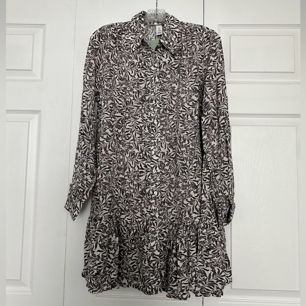 H&M Brown & White Long-Sleeve Leaf Print Dress - Size XS - Very Oversized